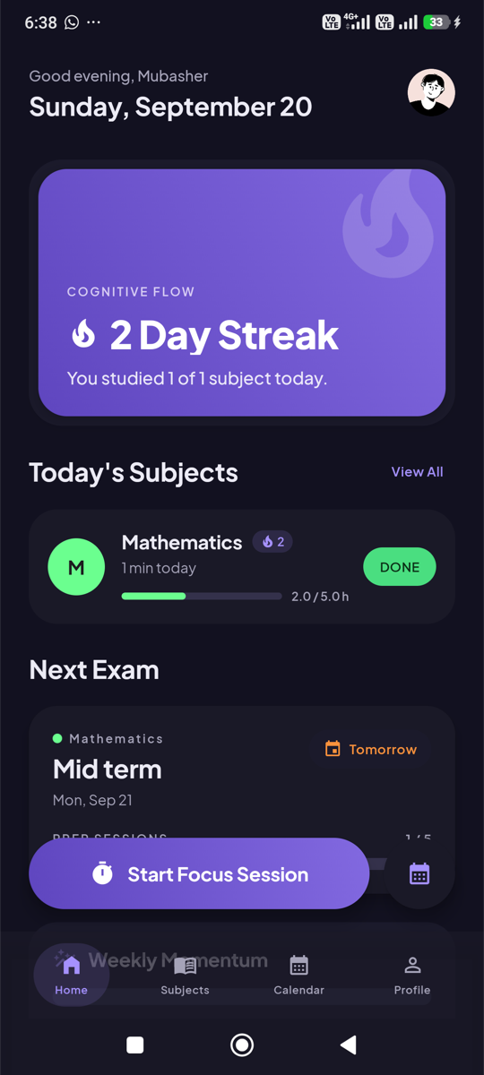 The home screen: a 2 day streak, today's subject with its progress, and the next exam